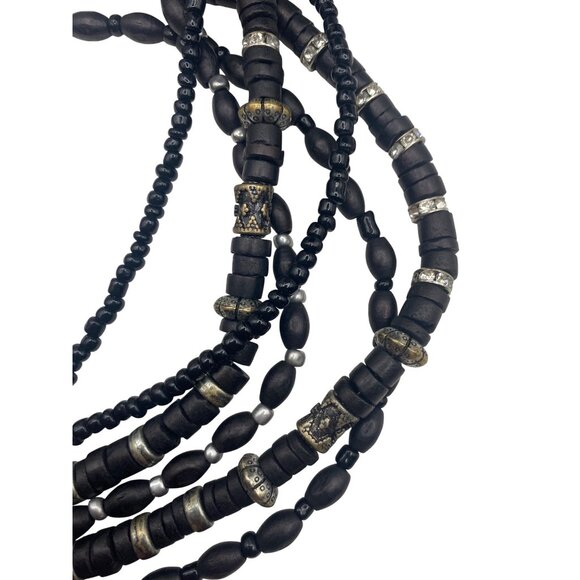Chicos Signed Multi Strand Black Wood Bead Statement Necklace Rhinestone Boho - Picture 8 of 8